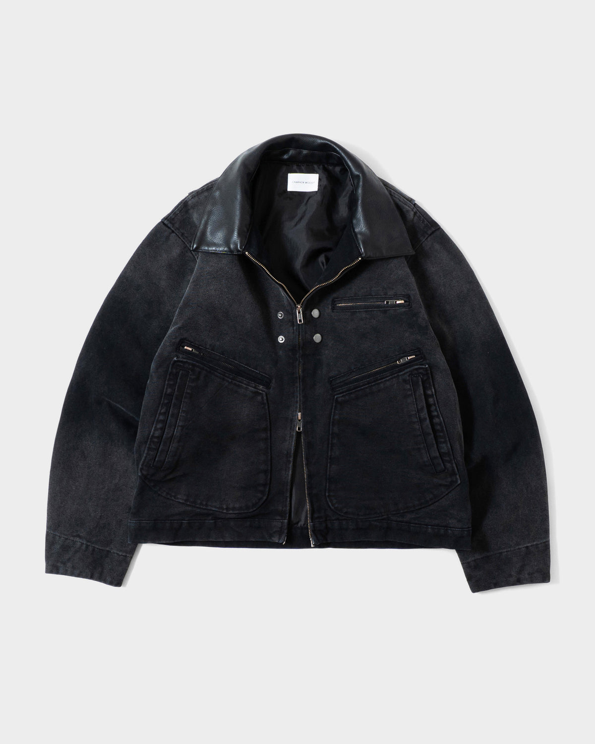 FAUX LEATHER COLLAR FADED DETROIT JACKET