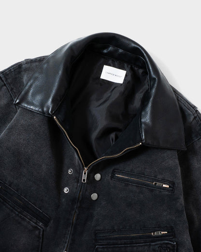 FAUX LEATHER COLLAR FADED DETROIT JACKET