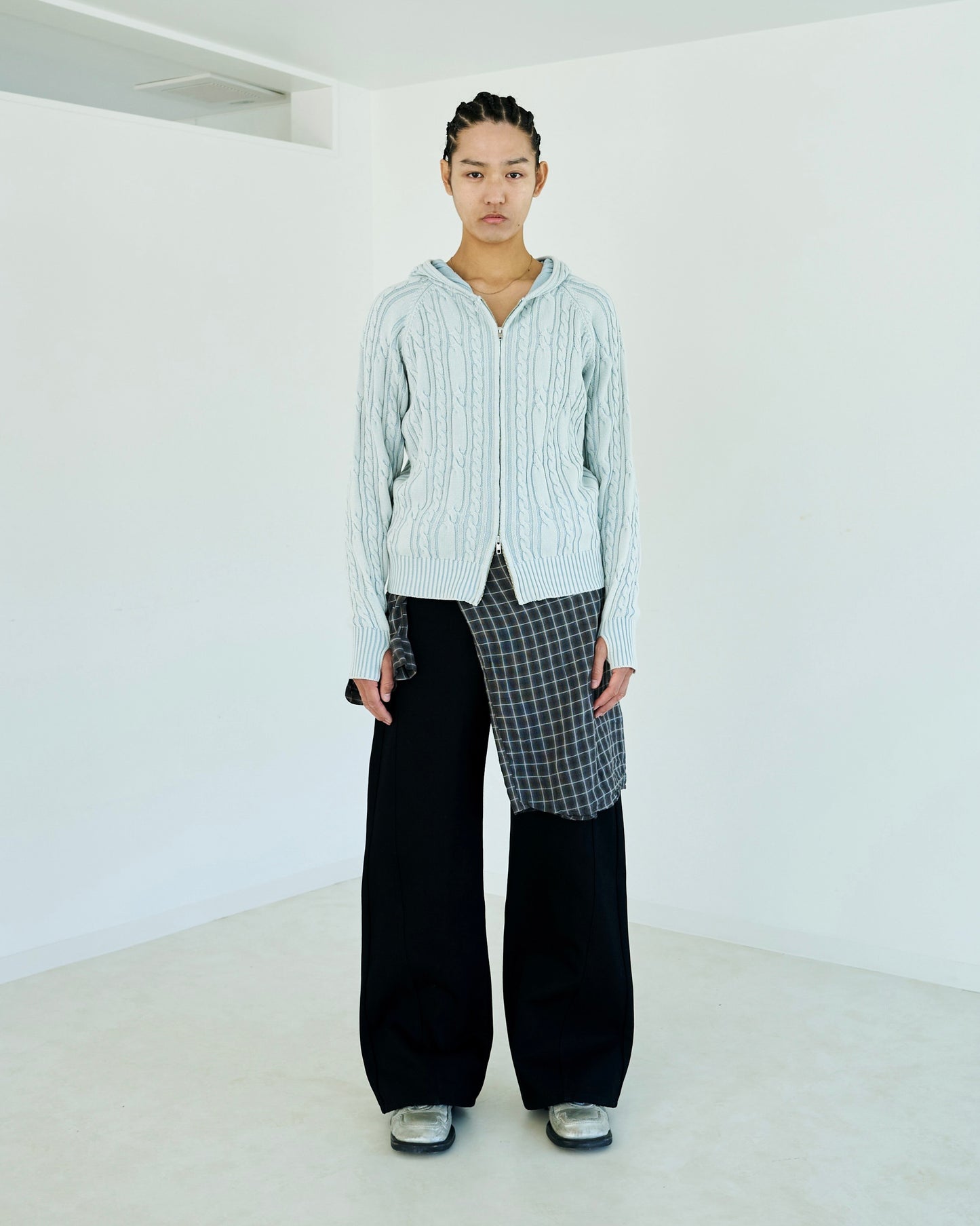 STONE WASH DOUBLE ZIP CABLE KNIT HOODIE