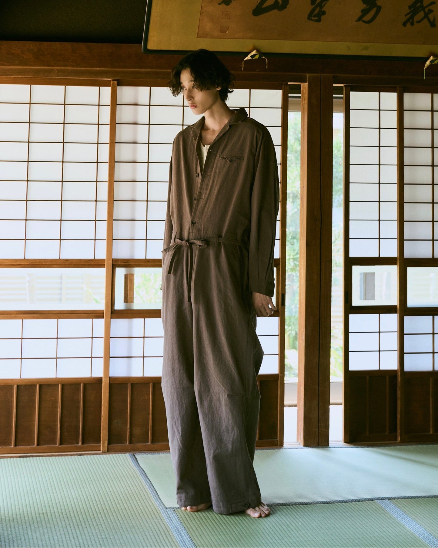 open collar cotton linen belted l/s jump suit