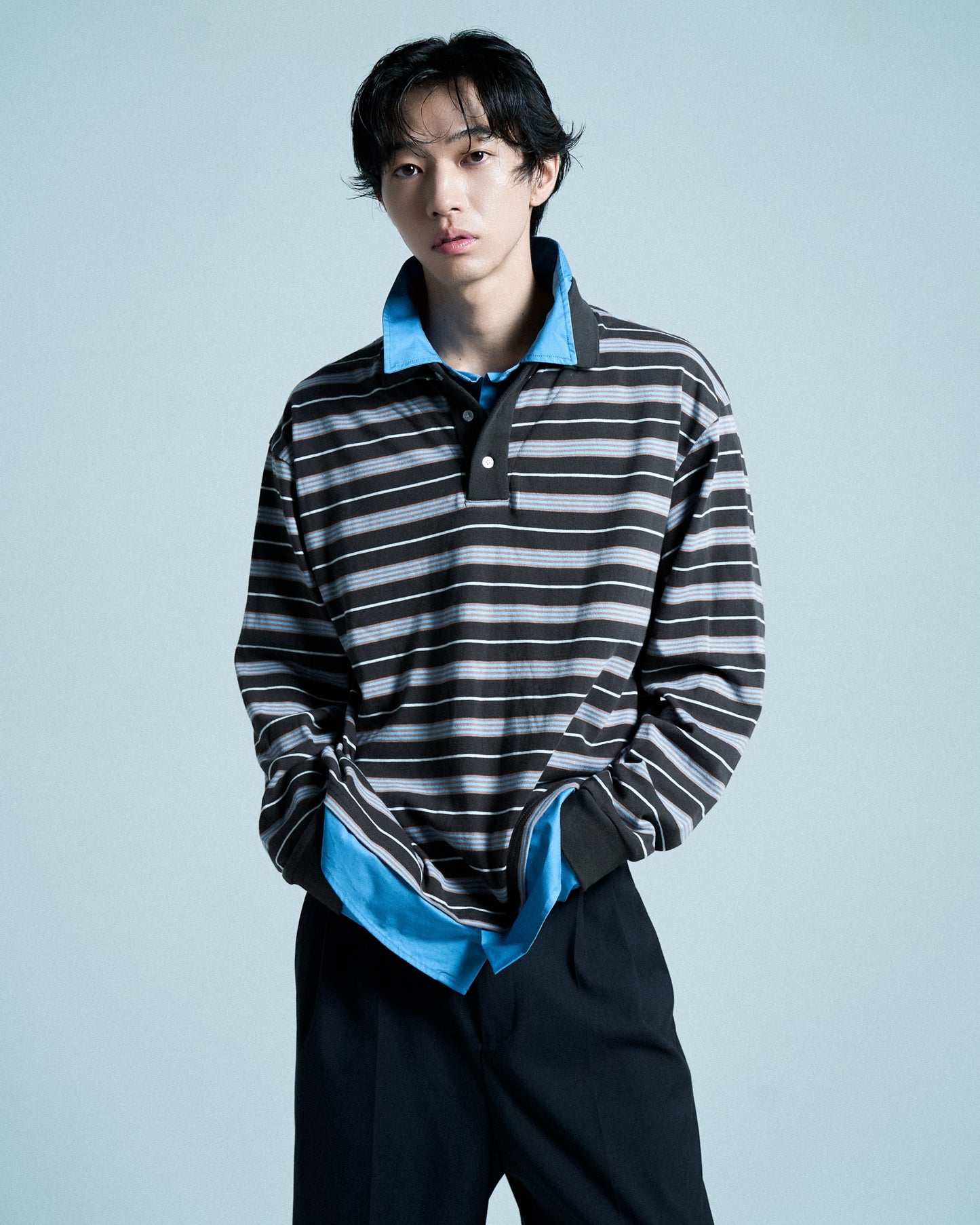 DOUBLE COLLAR LAYERED BORDER POLO L/S SHIRTS