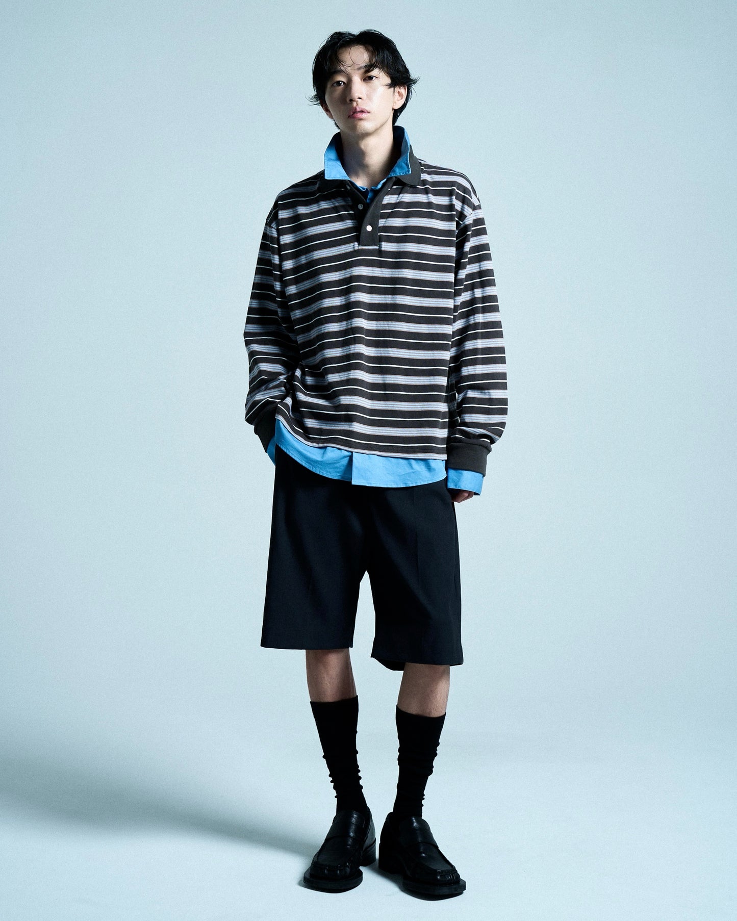 DOUBLE COLLAR LAYERED BORDER POLO L/S SHIRTS