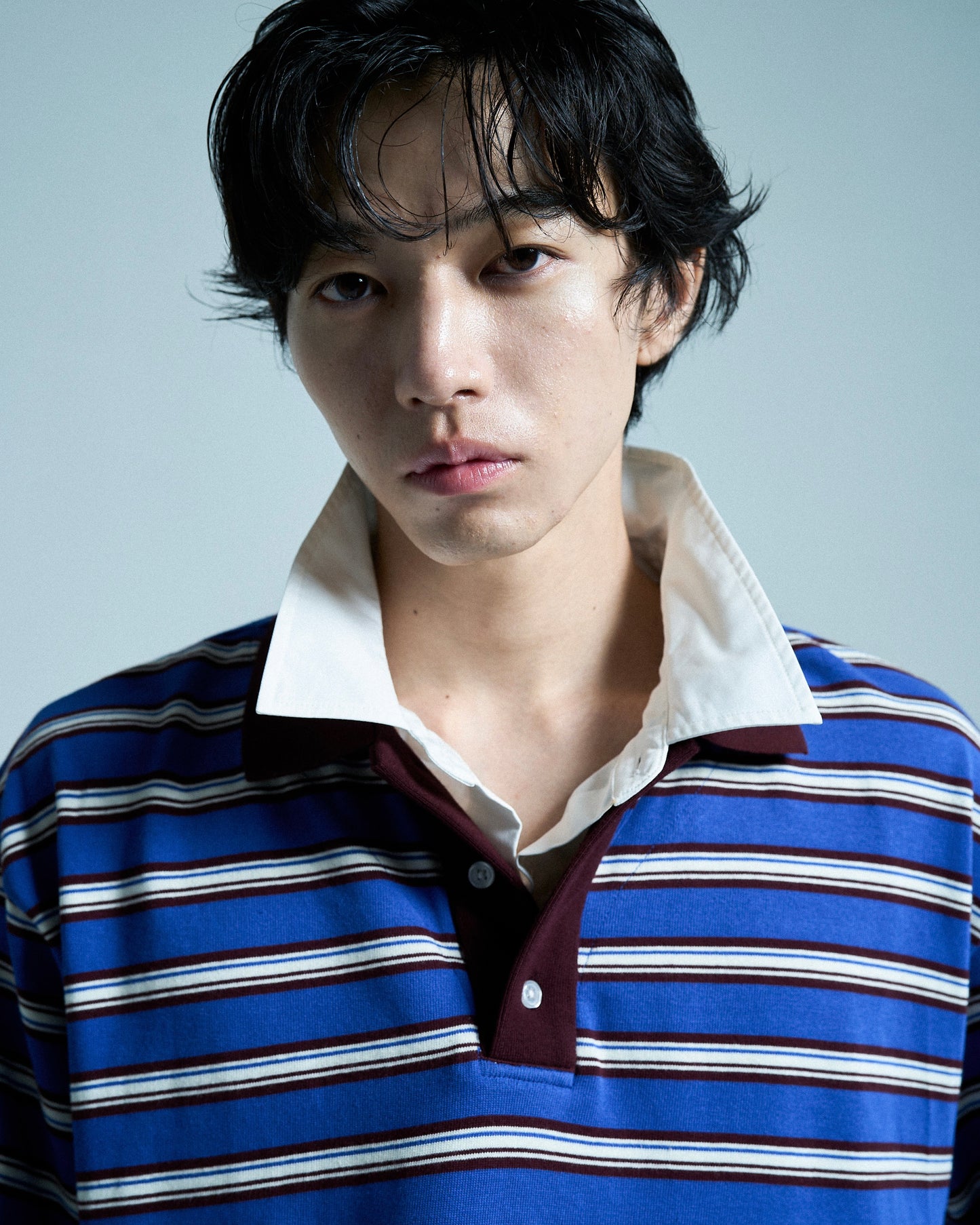DOUBLE COLLAR LAYERED BORDER POLO L/S SHIRTS