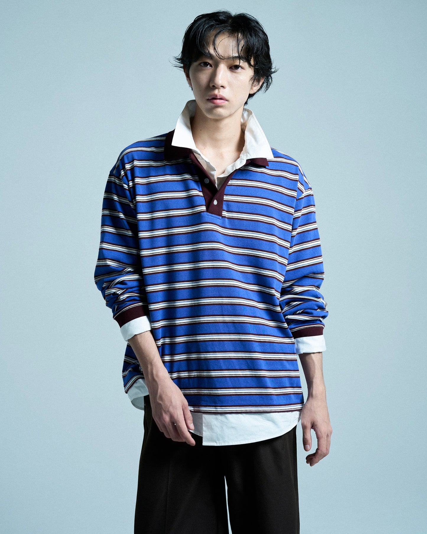 DOUBLE COLLAR LAYERED BORDER POLO L/S SHIRTS