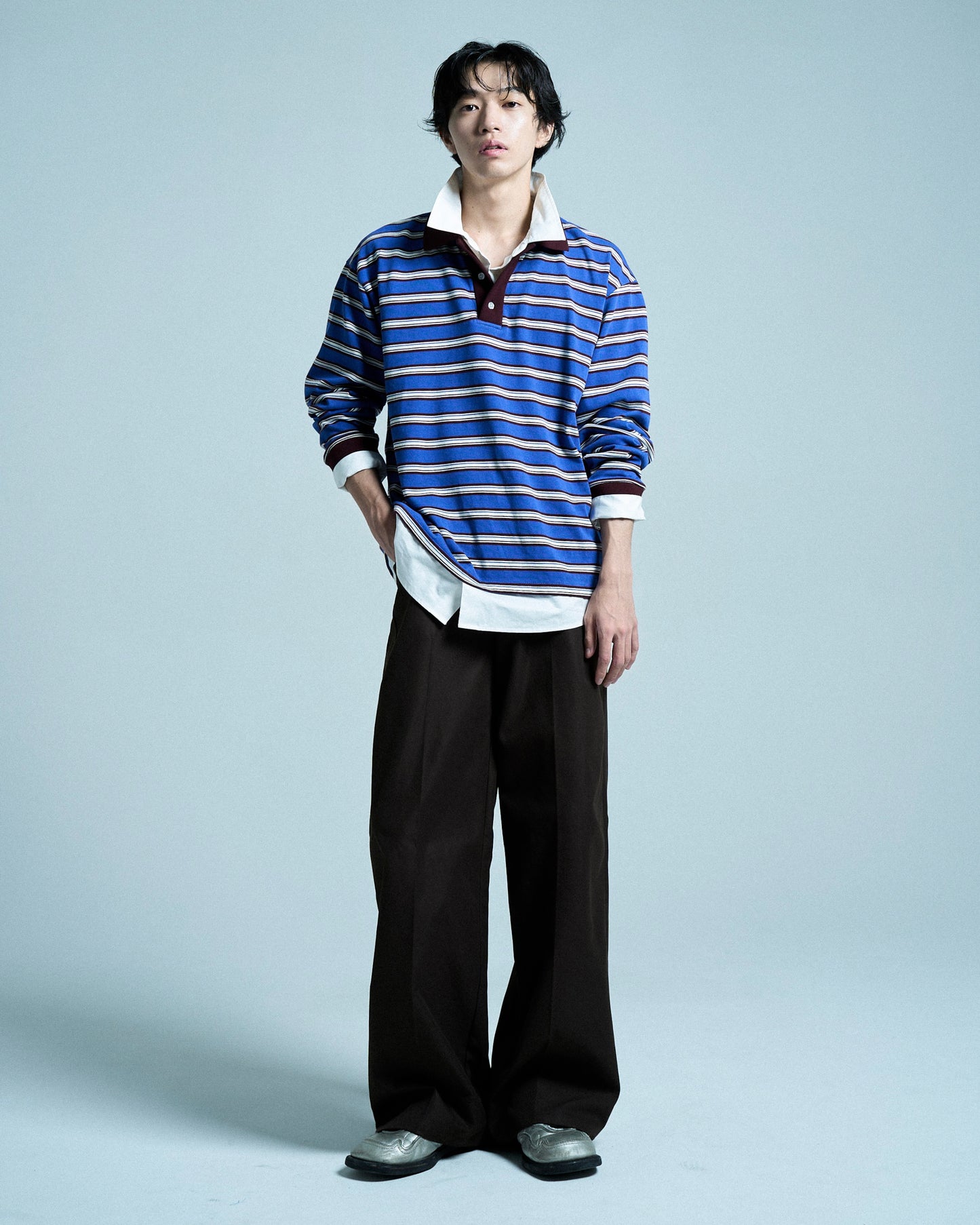 DOUBLE COLLAR LAYERED BORDER POLO L/S SHIRTS