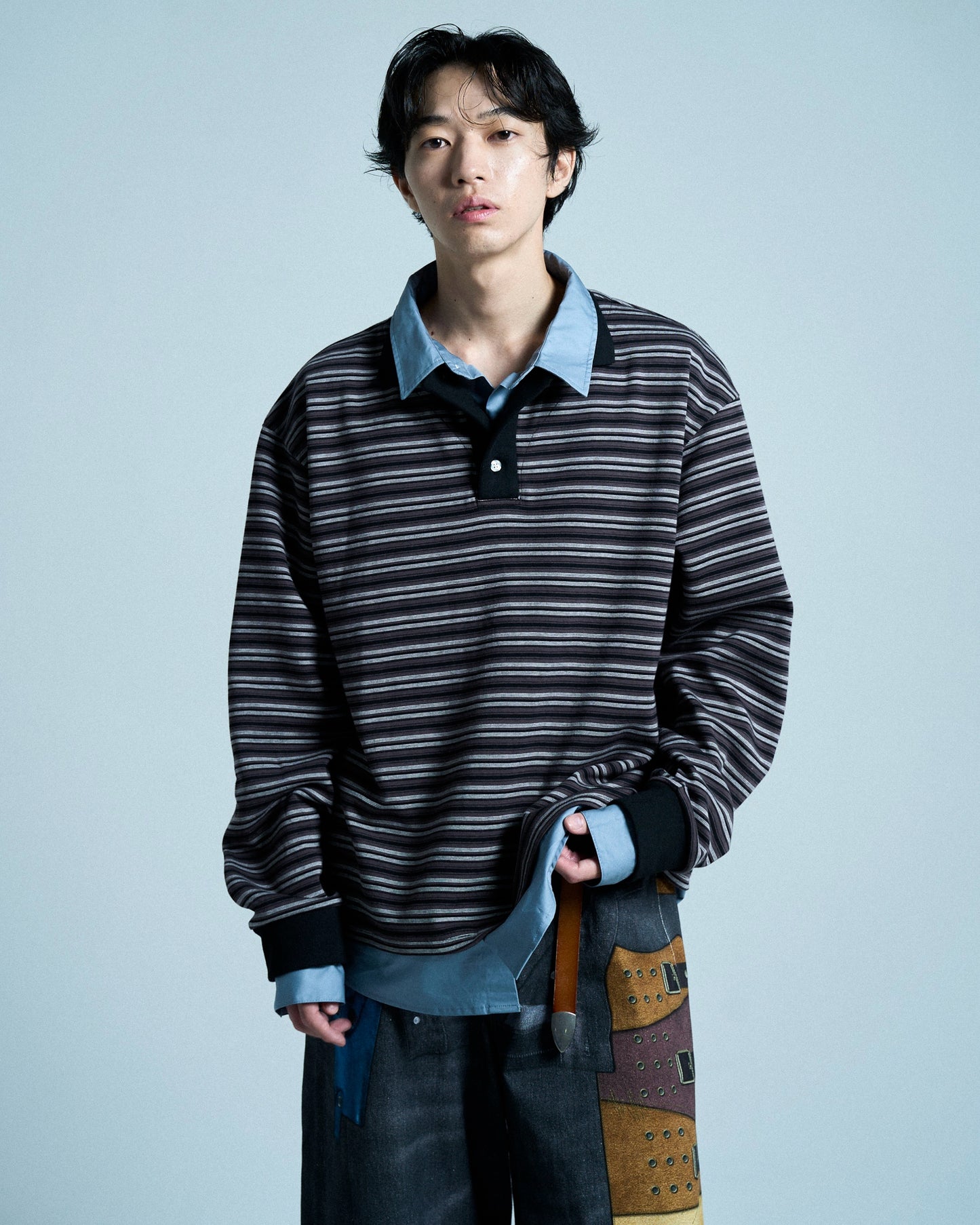 DOUBLE COLLAR LAYERED BORDER POLO L/S SHIRTS