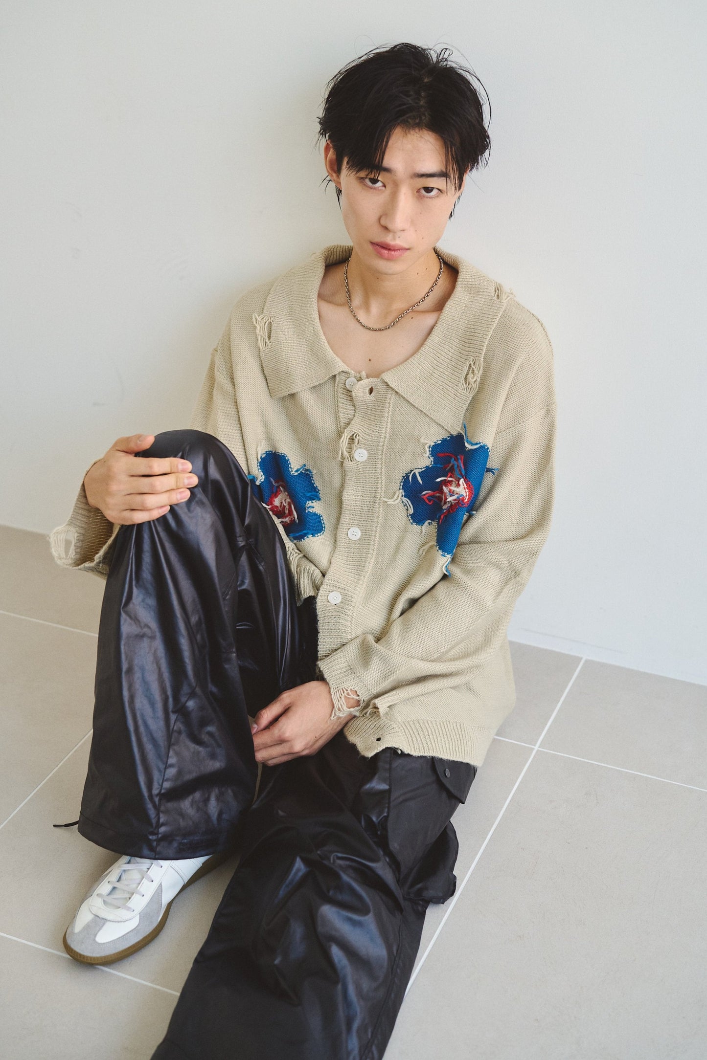 flower motif knit shirt cardigan