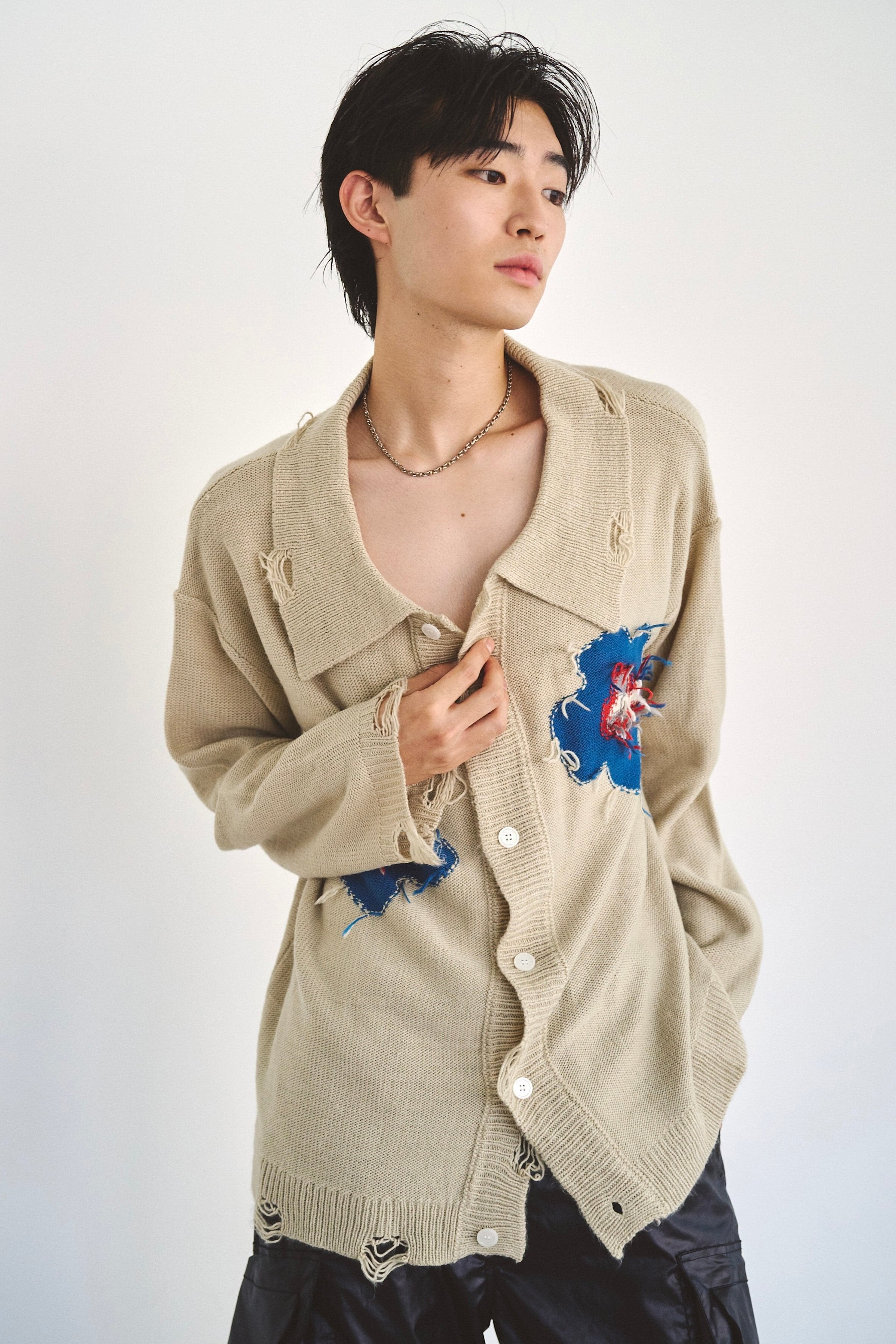 CamphorWood フラワーモチーフ　ニット　ネイビー Camphor wood セーター ニット inside out flower motif cotton