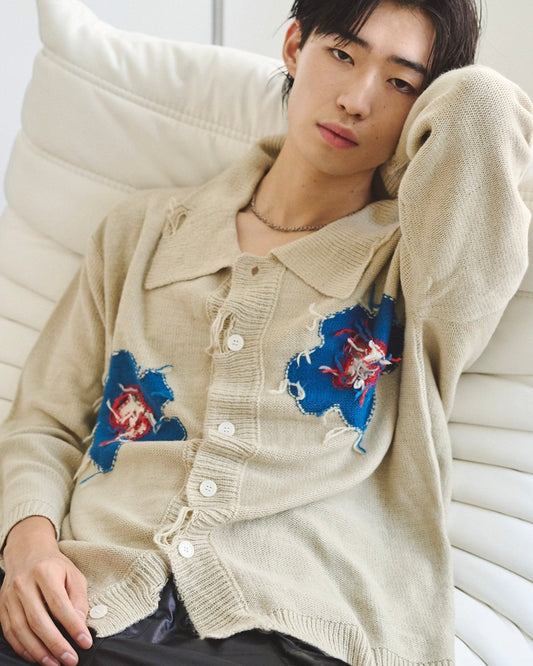 flower motif knit shirt cardigan