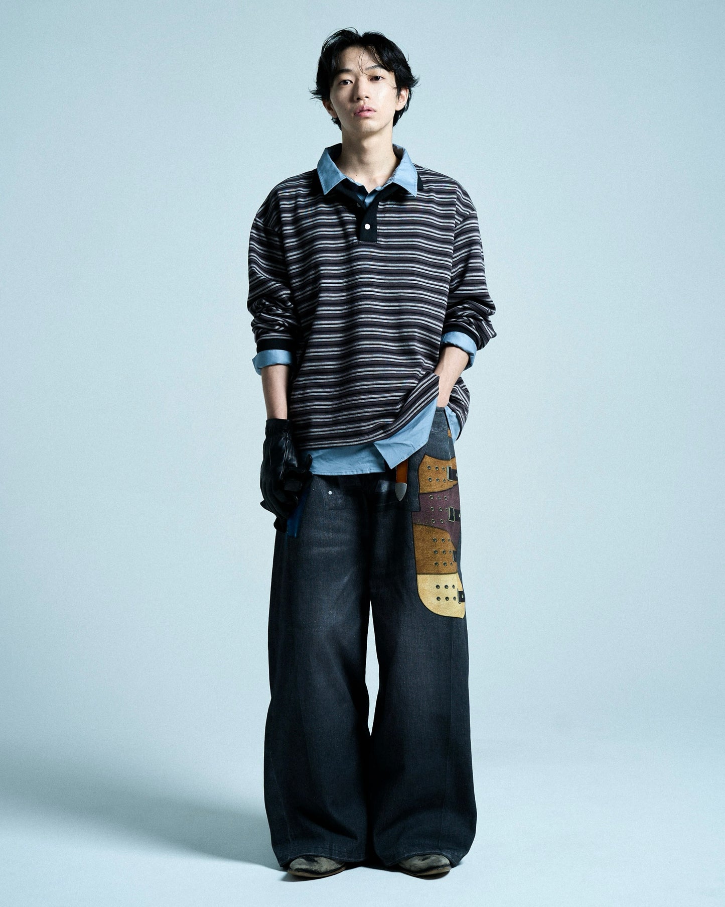 DOUBLE COLLAR LAYERED BORDER POLO L/S SHIRTS