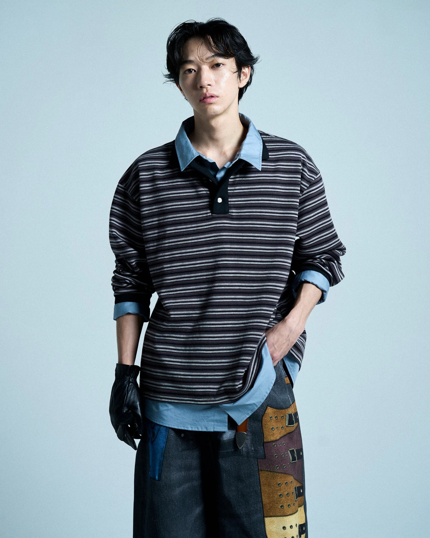 DOUBLE COLLAR LAYERED BORDER POLO L/S SHIRTS