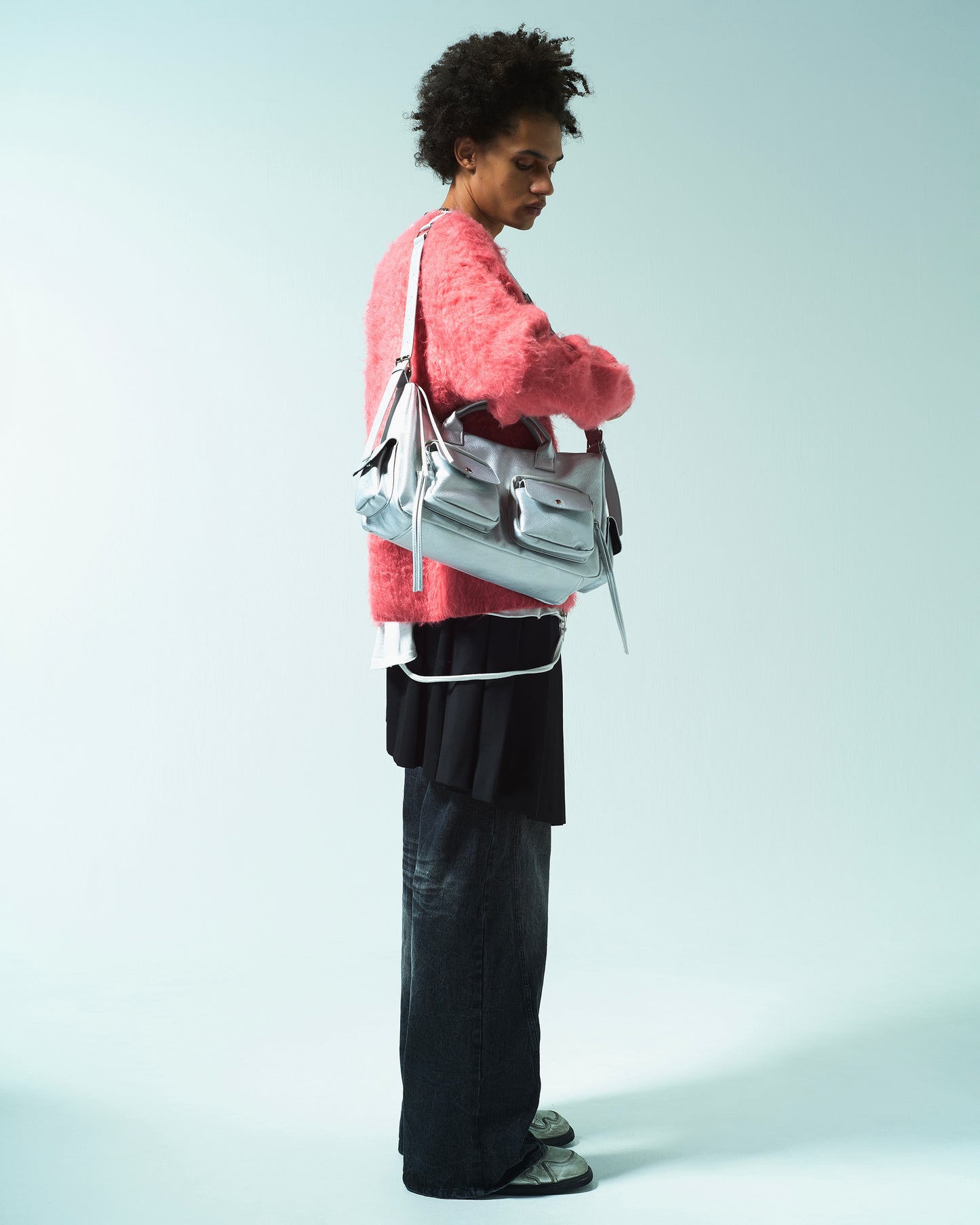 FAUX LEATHER MULTI POCKET SHOULDER BAG - SILVER